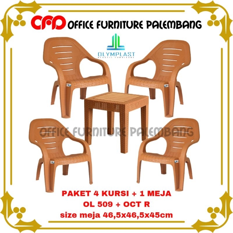 (cargo) kursi plastik olymplast OL 509 meja plastik OCT R kursi teras kursi santai paket 4 kursi 1 m