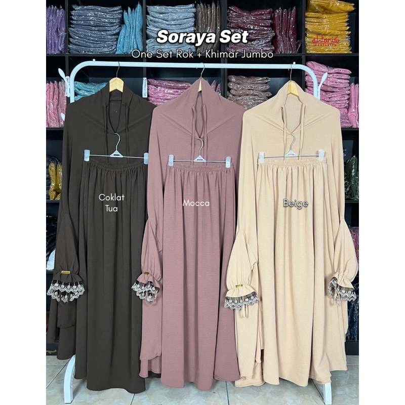 Soraya One Set Syari, Hijab Setelan Rok Crinkle Airflow Premium