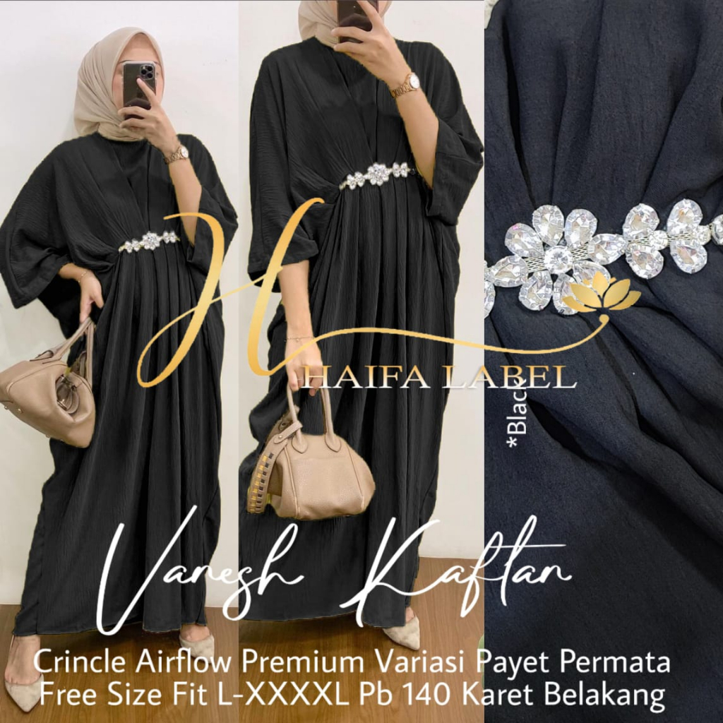 Vanesh Kaftan Crincle Airflow Premium Variasi Payet Permata Original By Haifa