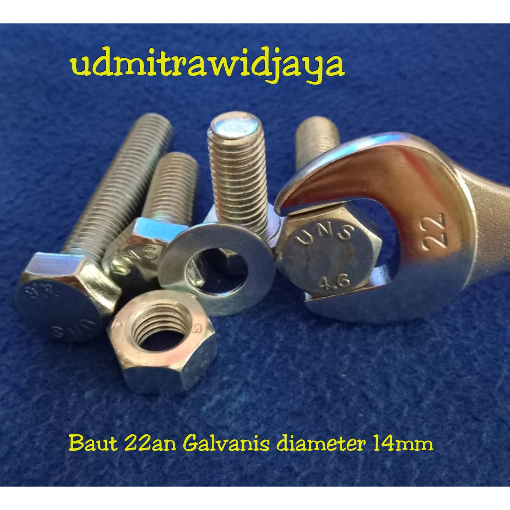 Baut kunci 22 M14 p2.00 panjang 1cm 2cm 3cm 4cm 5cm 6cm 7cm 7,5cm baut galvanis M14 14mm kunci 22an 22mm baut truck baut mesin penggiling baut pangkon motor baut bego baut as