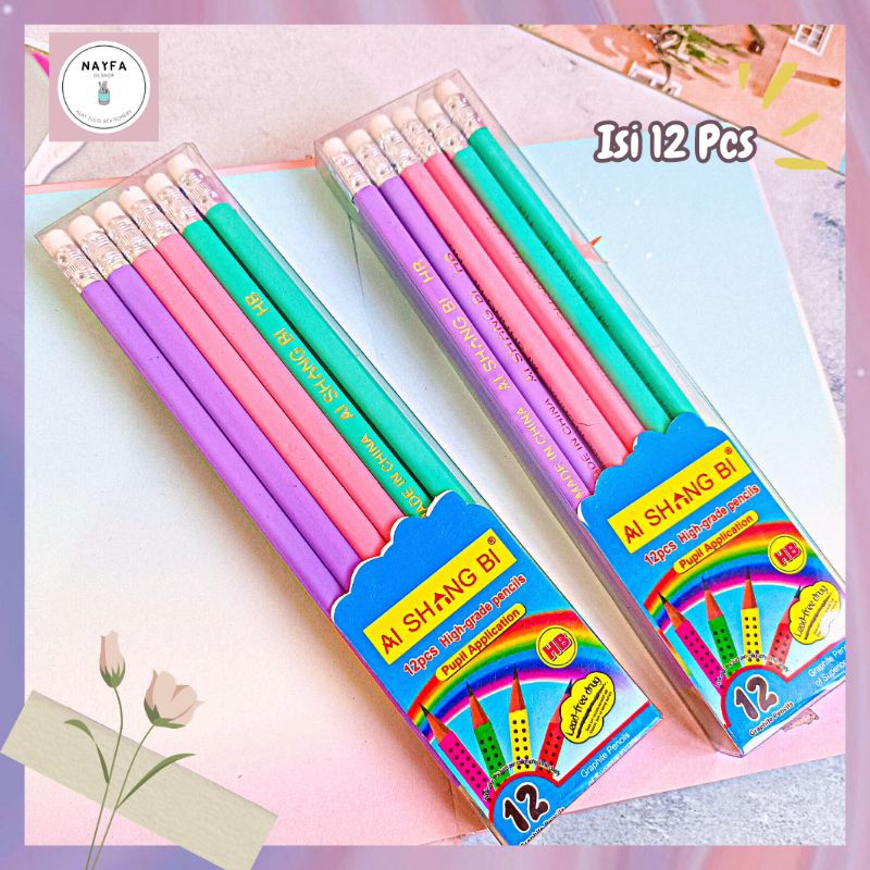 

Selusin Pensil HB Aishing Free Penghapus Pensil Warna Pastel Udah Diserut 1 Box isi 12 Pcs