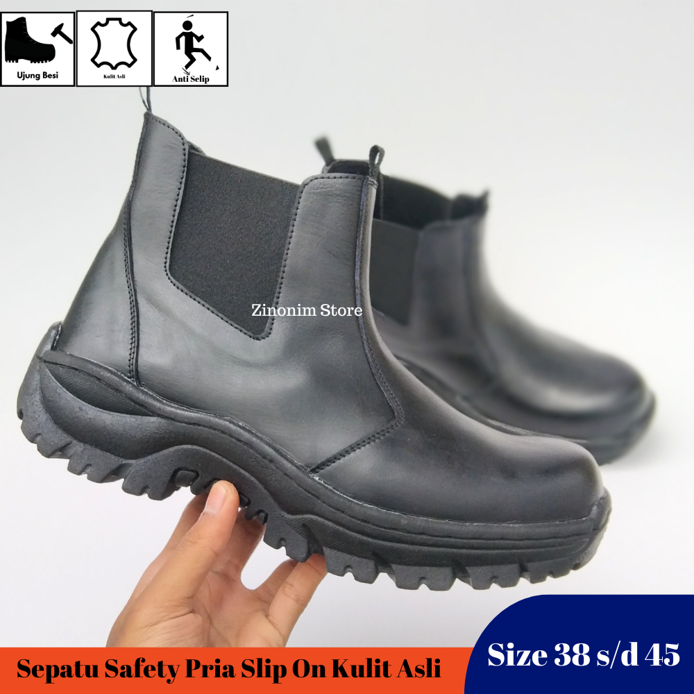 Sepatu Safety Kulit Asli Original Safety Shoes Ujung Besi Slip On Hitam Sepatu Kerja Tanpa Tali Ukuran 38 39 40 41 42 43 44 45