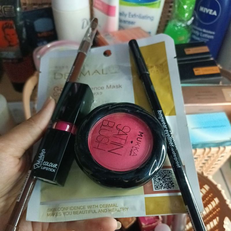 5 ITEM MUKKA PAKET EYELINER PENSIL LIPSTIK PINK BLUSH ON PINK PENSIL ALIS COKLAT/HITAM FREE SHEET MA
