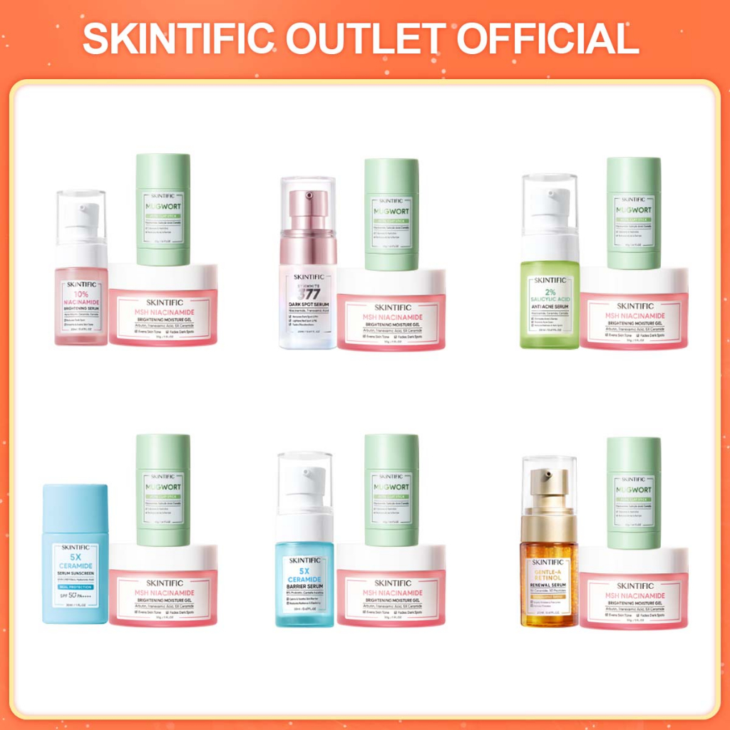 【3PCS Packet】SKINTIFIC 3PCS Paket Skincare Ance&amp;Glowing Set Mugwort Acne Clay Stick Mud Masker Wajah+Brightening Moisturizer pelembab yang mencerahkan+Serum