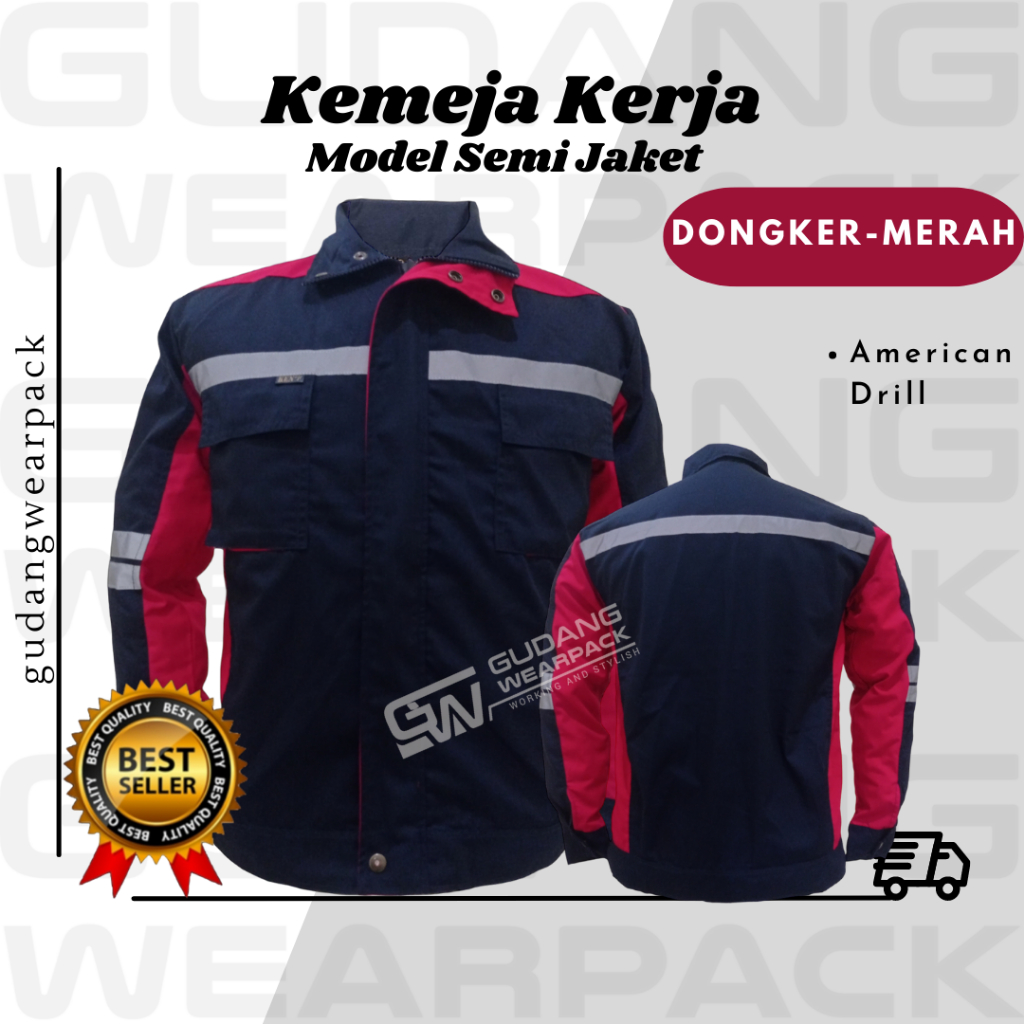 Gudang Wearpack - Baju Kerja Seragam Proyek SemiJaket Warna Dongker Lis Merah