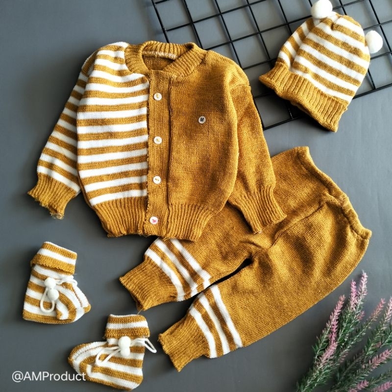 motif bee 4in1 rajut bayi atasan celana topi sarung kaki bayi 0-4 bulan