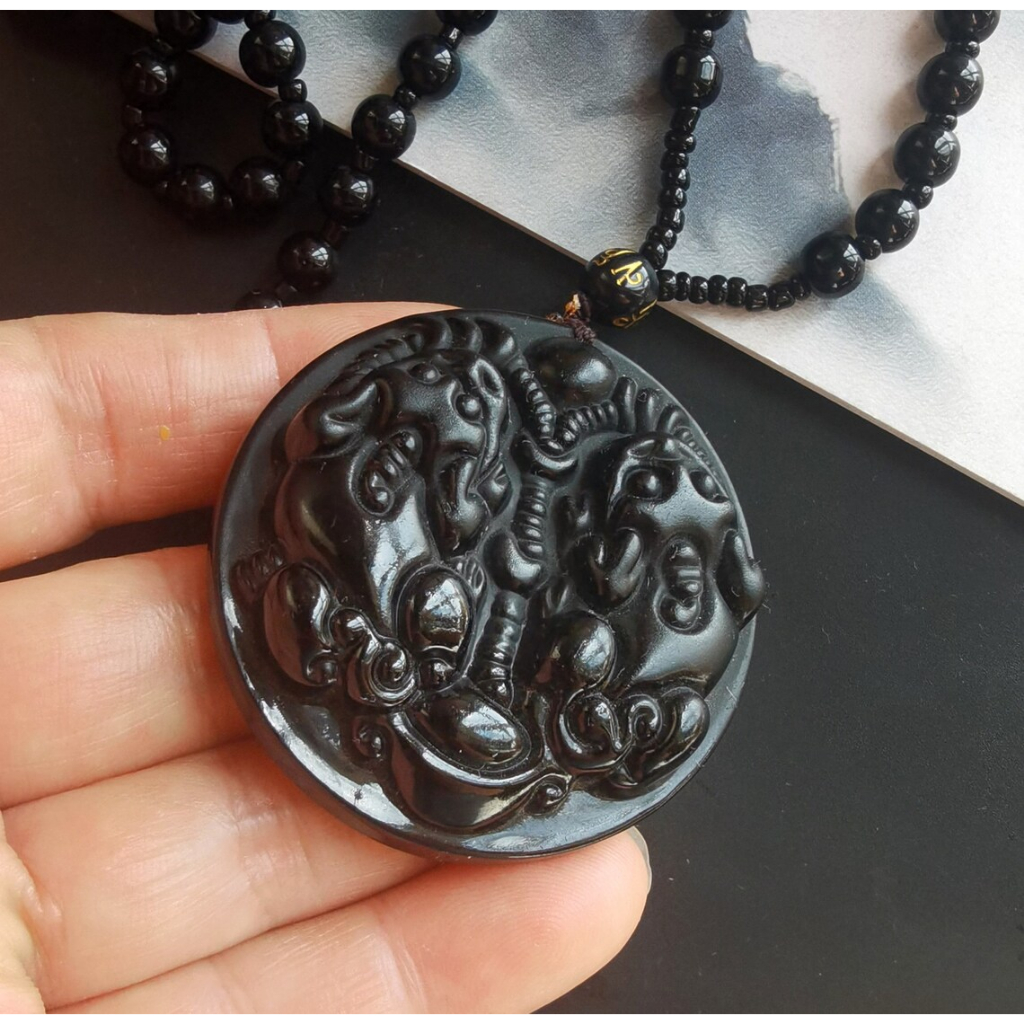 Kalung Batu Giok China Asli Hitam Pixiu Hewan Keberuntungan Luck K160