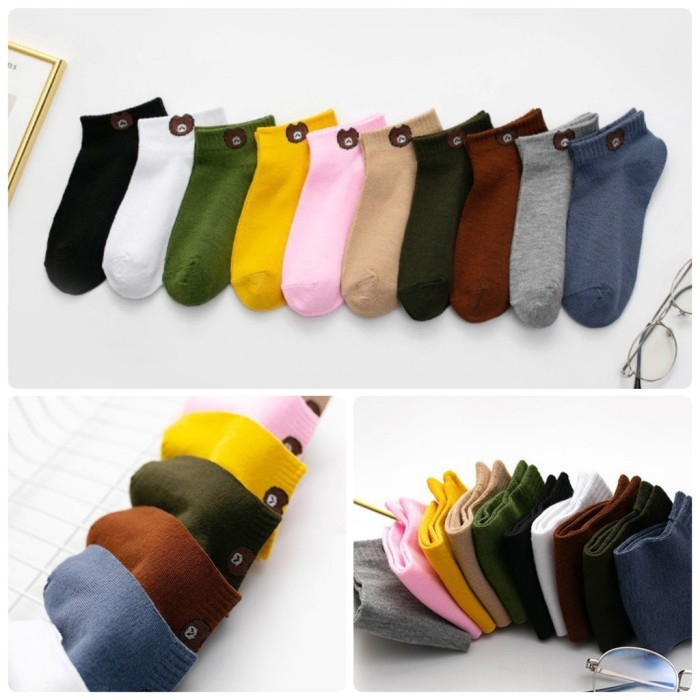 [ GROSIR ] 10pasang Kaos Kaki Wanita / Kaos Kaki Motif Beruang / Kaos Kaki Pendek Semata Kaki / Ankle Socks Korean Model Simple Cute Socks Brown Wanita Pria Import Murah