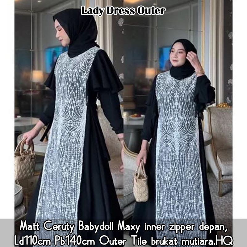 [ New ] Lady Dress / One Set Ineer + Outer Kekinian / Set Gamis Muslimah Wanita Matt Ceruty Mix Brukat / GOM