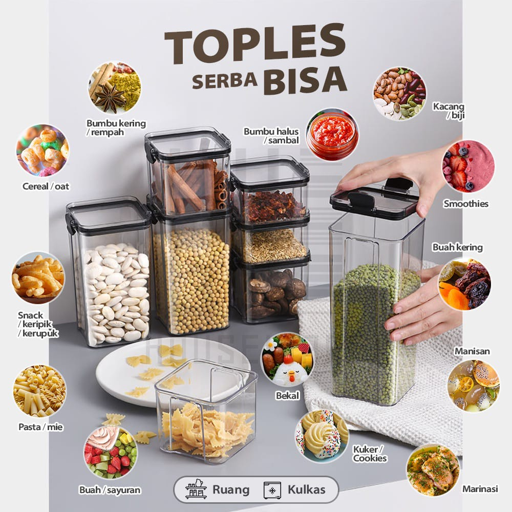 Toples Plastik TRI J Kotak Bening Penyimpanan Cereal Kontainer Makanan Snack Kedap Udara