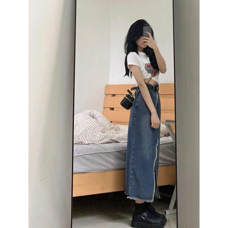 Rok denim split gaya Korea rok a-line wanita berpinggang tinggi sedang untuk menutupi rok pinggul selangkangan