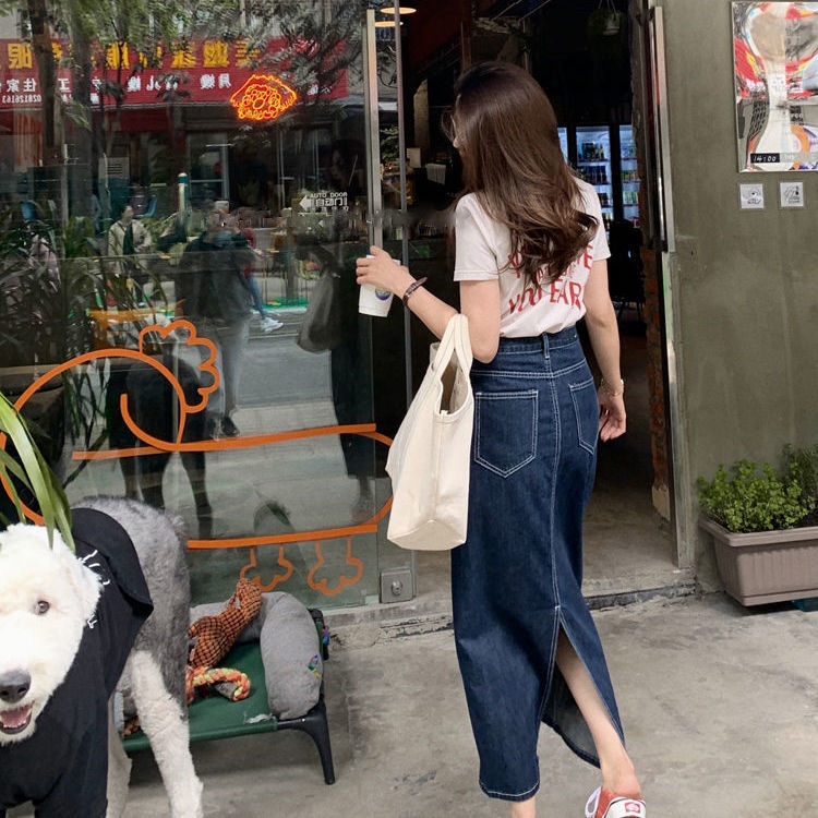 Rok denim split gaya Korea rok a-line wanita berpinggang tinggi sedang untuk menutupi rok pinggul selangkangan