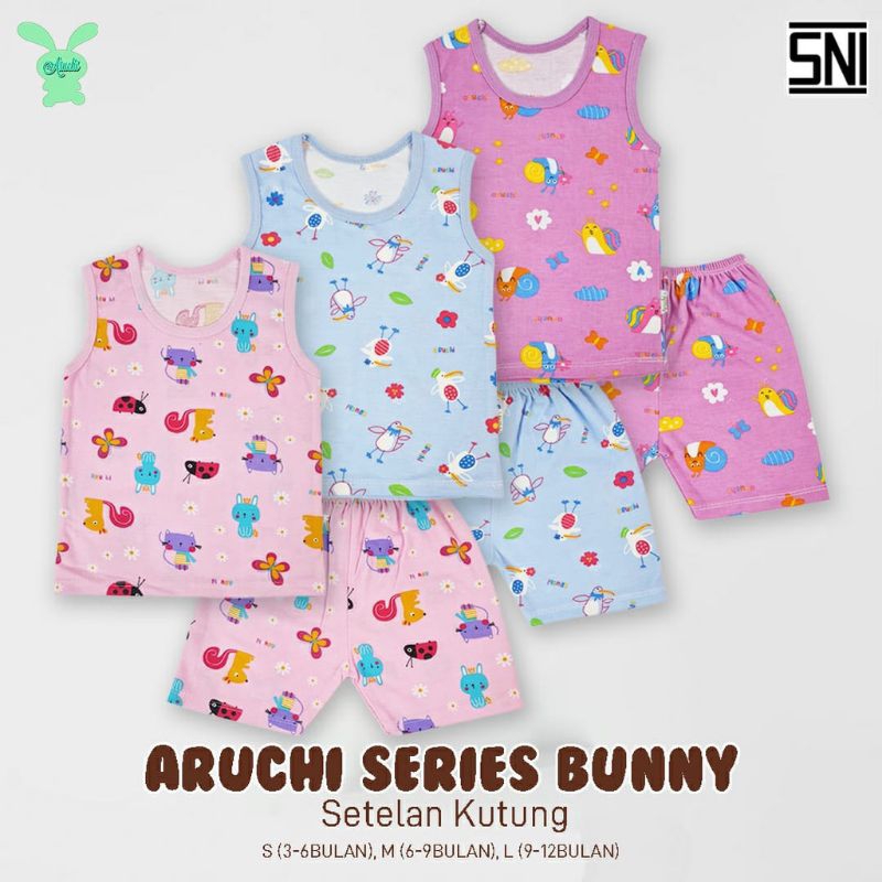 3psg_ ARUCHI baby setelan kutung motif bamboo series, Love bird, Kitty ,TIGER , BABY HIPPO  s.m.l/ setelan kutung aruchi TERBARU/ setelan SINGLET bayi ARUCHI