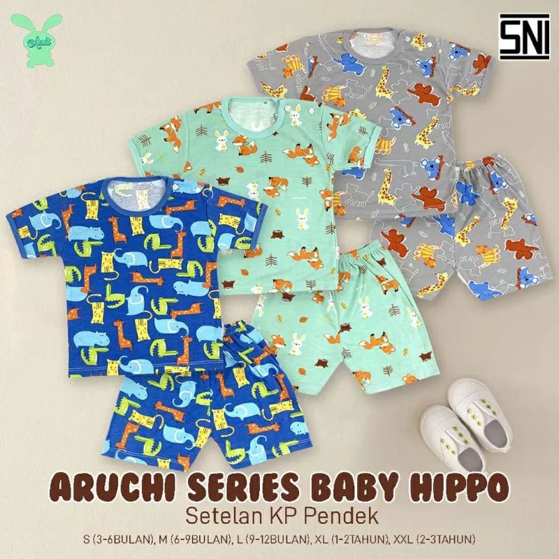 paket 3pc- setelan Aruchi pendek motif cheetah,kuma,Hippo,Tiger / setelan pendek bayi aruchi baby
