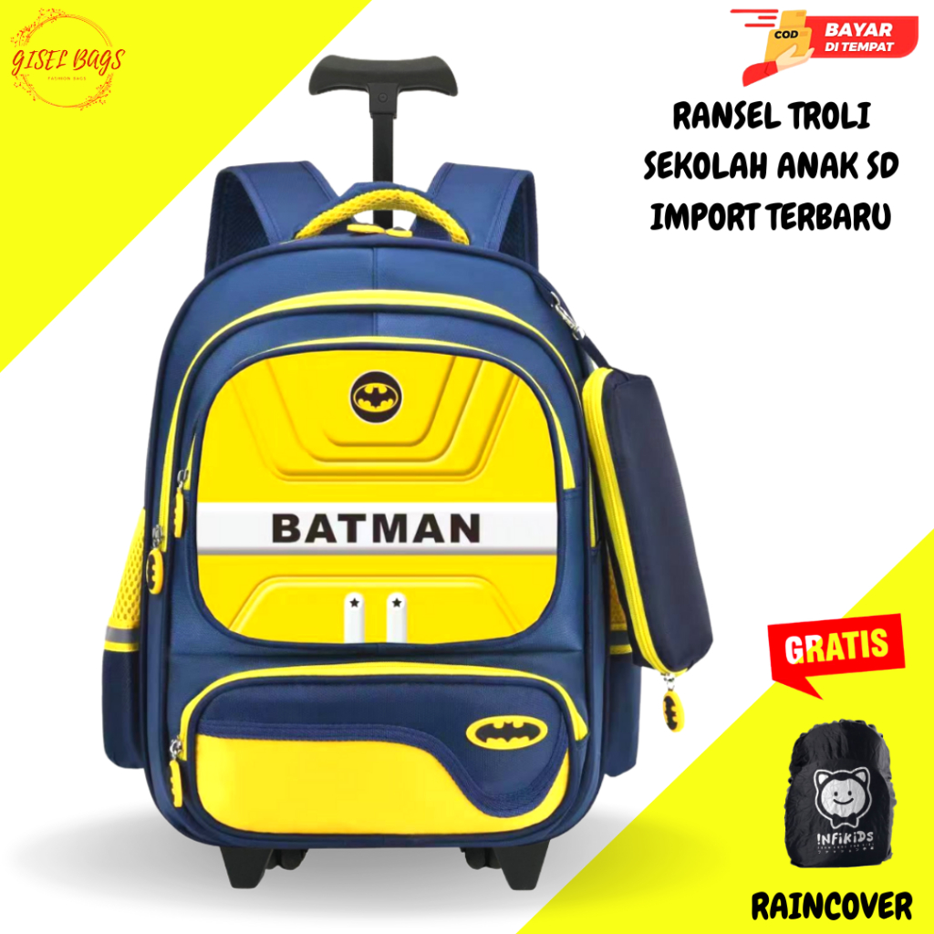 Tas Troli Anak Laki Laki Sekolah SD Ransel Import Premium Karakter Gambar Superhero Timbul 6D Roda Dorong BY GISEL BAGS