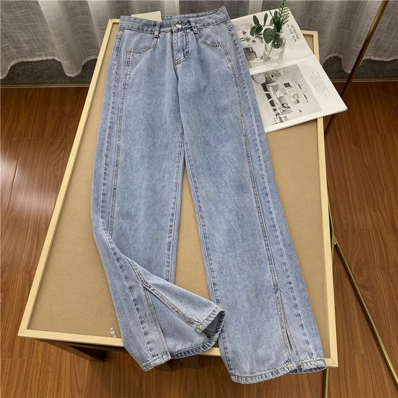 Belahan Highwaist Straight Celana Jeans Wanita Ukuran jumbo