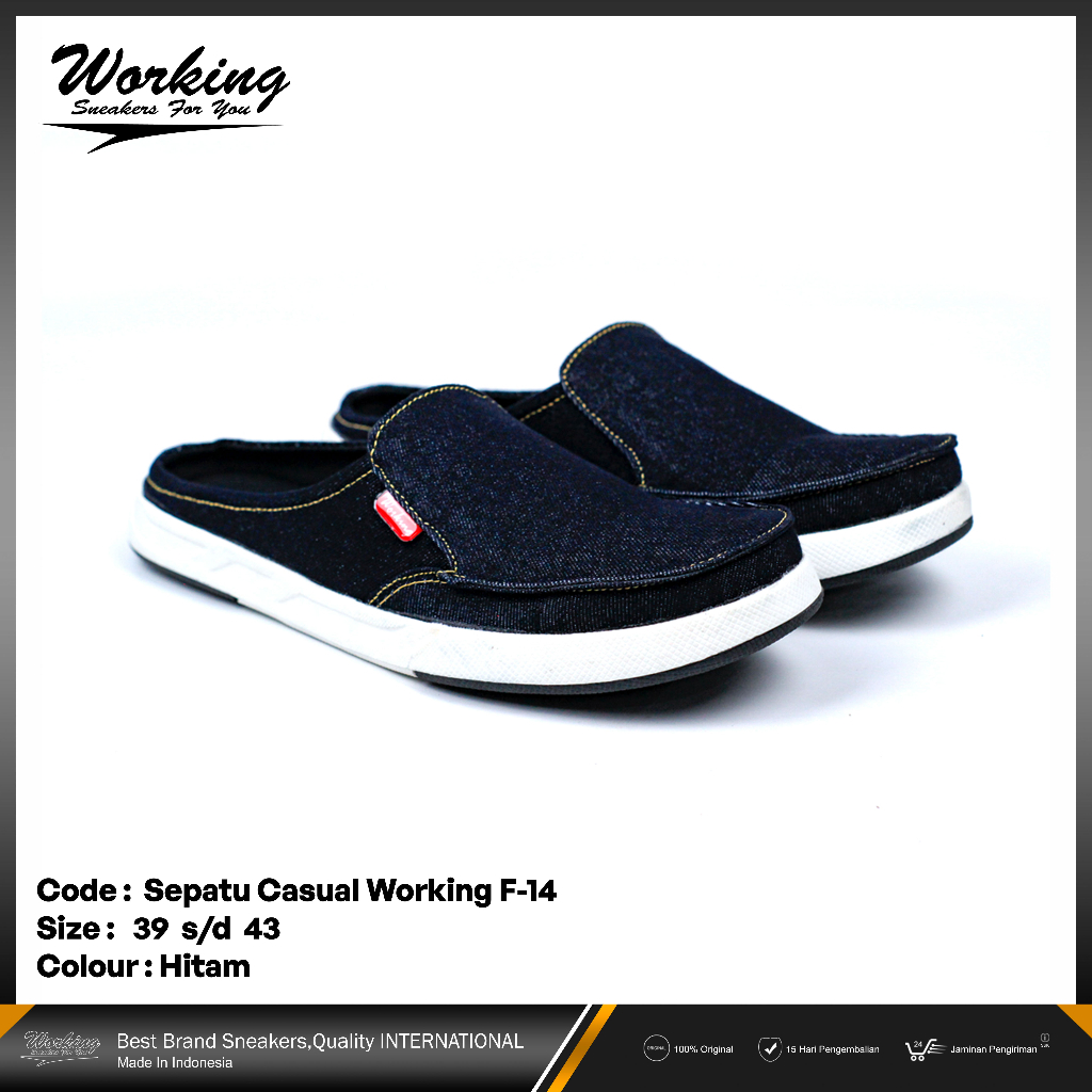 Sepatu Kasual Pria Original Selop Santai Kerja Working F-14 Bahan Denim