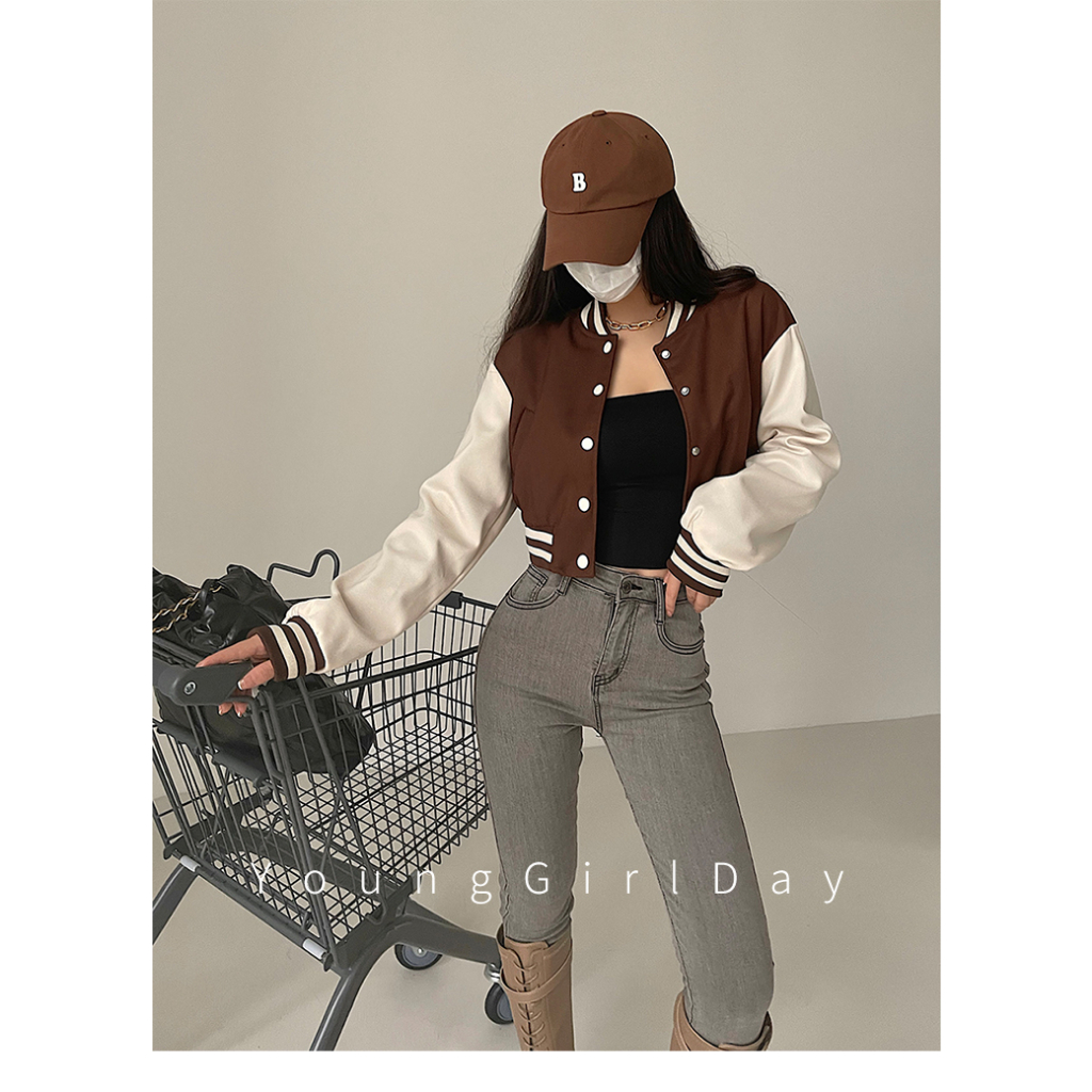[2 warna] Korean Style Retro Jaket Baseball Wanita Oversize Crop Top Jaket