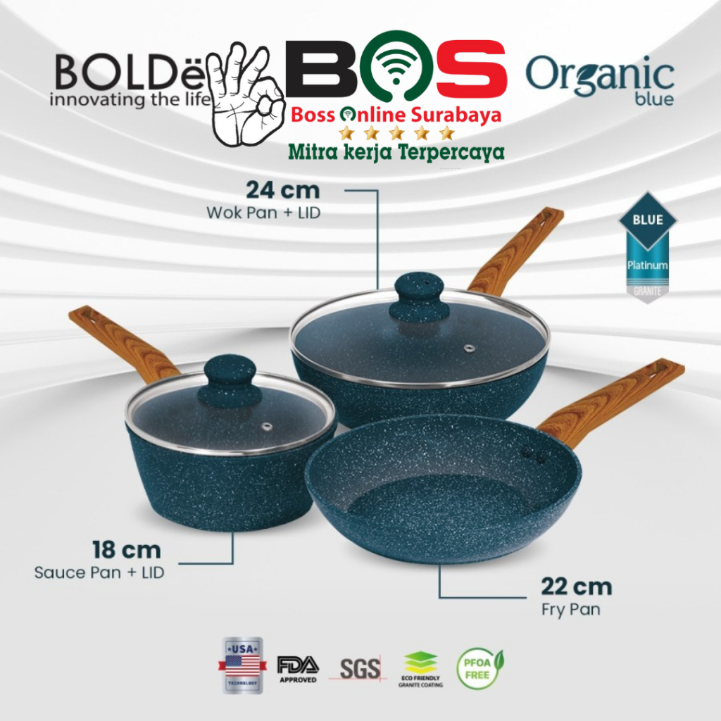 Bolde Organic Blue Pan Set 5 Pcs Panci Wajan Anti Lengket Granite Coating