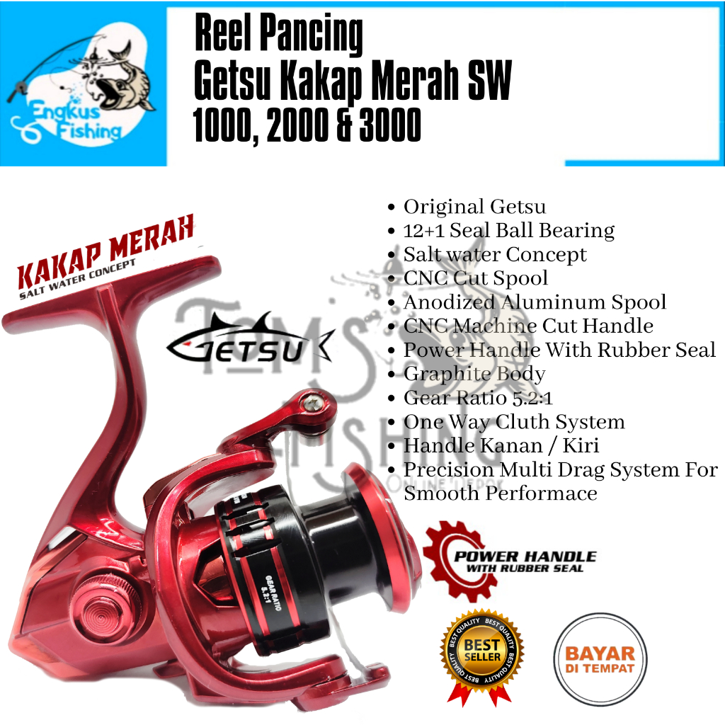 Reel Pancing Getsu Kakap Merah 1000 - 3000 (12+1 Bearing) Seal bearing Power Handle - Engkus Fishing