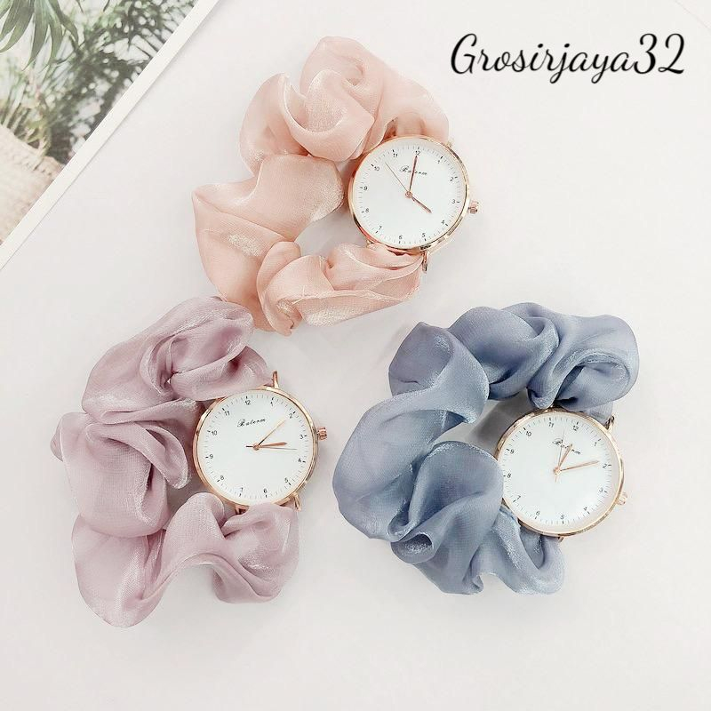 (Grosirjaya32) Jam Tangan Wanita Megumi Korea Analog Model Gelang Terbaru Strap Srunchie Import