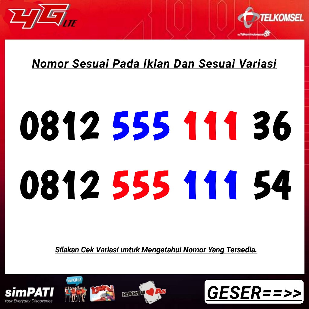 Kartu Perdana Nomor Cantik Telkomsel Simpati Panca 11111 2222 33333 44444 55555 66666 77777 88888 99999 - Ekor - ABA