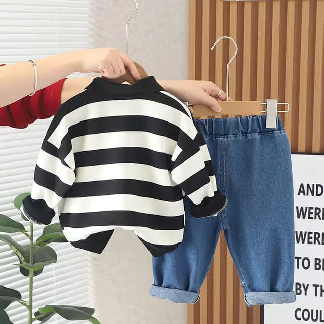 Baju anak anak Motif bear salur brown &amp; navy lengan panjang untuk usia 6 bulan - 5 tahun baby boy keren