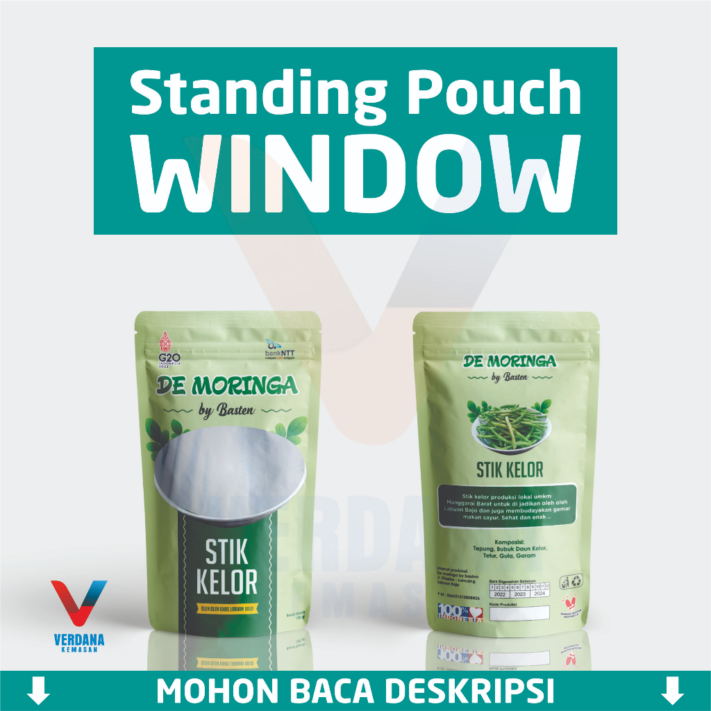 Costum jendela window standing pouch full printing free design kemasan termurah bandung