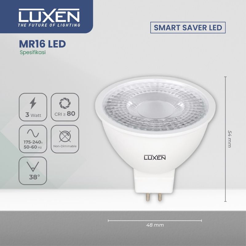 LUXEN LAMPU MR16 3W 3000K WARM WHITE SEMU 4000K PUTIH 6500K BERGARANSI 1 TAHUN BAGUS KUALITAS TERJAMIN