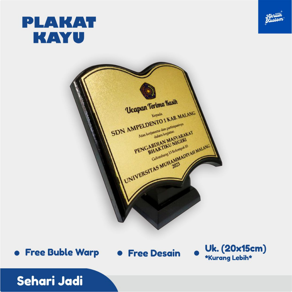 Plakat Kayu bentuk buku untuk kenang - kenangan, ucapan terima kasih, PKL, KKN, Wisuda