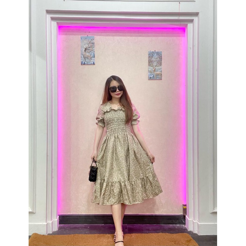 RD FASHION - SMOCKED DRESS / Gaun musim panas kasual baru Lengan pendek smocked dress lipit bunga dengan dasi belakang / gaun kasual A-line gaun smocked berlipat bunga lengan pendek-MOTIF MIRSANA HIJAU