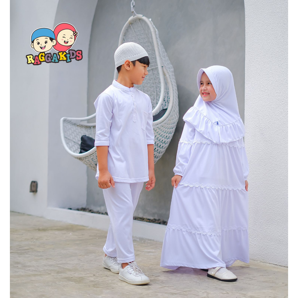 Raggakids Gamis putih Anak premium RG52 bahan adem 1-13 tahun | Setelan koko anak putih dan celana free peci