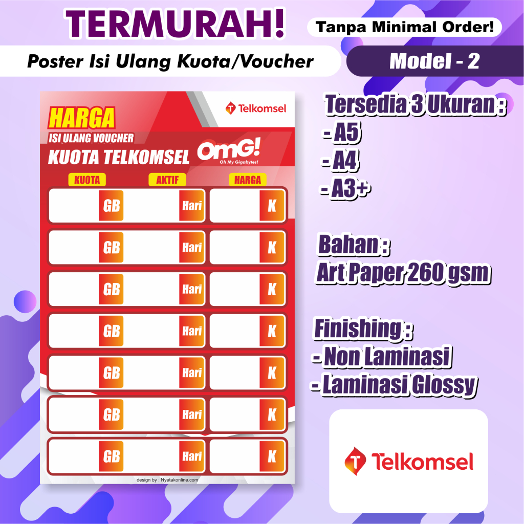 Poster Konter Daftar Harga Paket Data / Voucher /poster paket data konter / Daftar Harga Voucher Mur