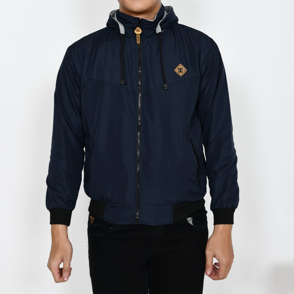 Jaket Parasut Pria Wanita Warna Navy Blue Bolak Balik Bb Dc 2 In 1 Anti Air Size L - XL - XXL