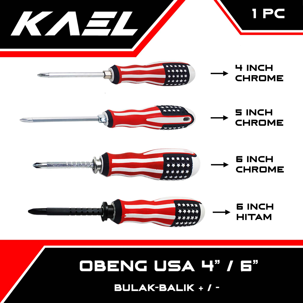 Obeng USA 4-6 Inch Bulak-Balik + - Bendera Chrome-Hitam Plus Minus Dua Arah 2 Bendera Amerika-America