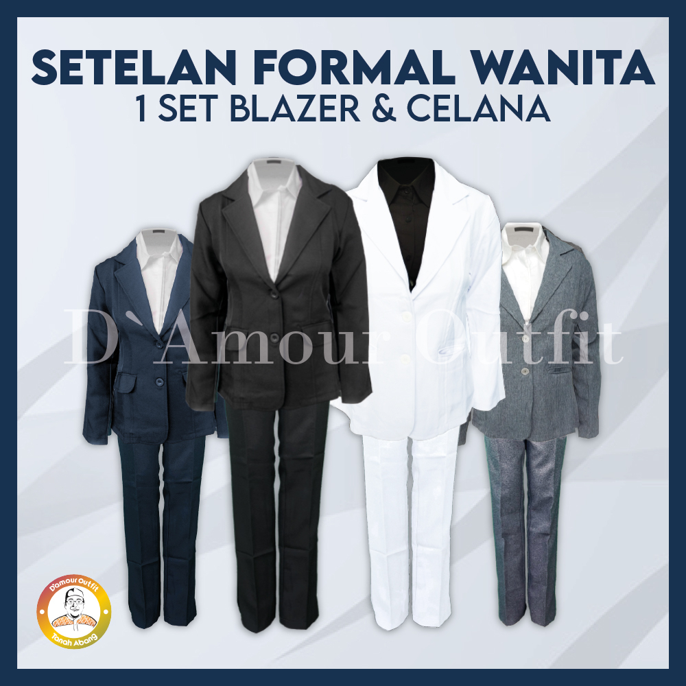 One Set Setelan Jas Blazer Celana Bahan Panjang Pinggang Wanita Stelan Jas Kerja Kantor Cewe Polos Dewasa Anak Jaket Blezer Kancing 2 Cewek Pakaian Formal Kantoran Dasar Hitam Rok Karet Line A Rempel Span Jumbo Big Size Cardigan Kain Outer Perempuan Korea