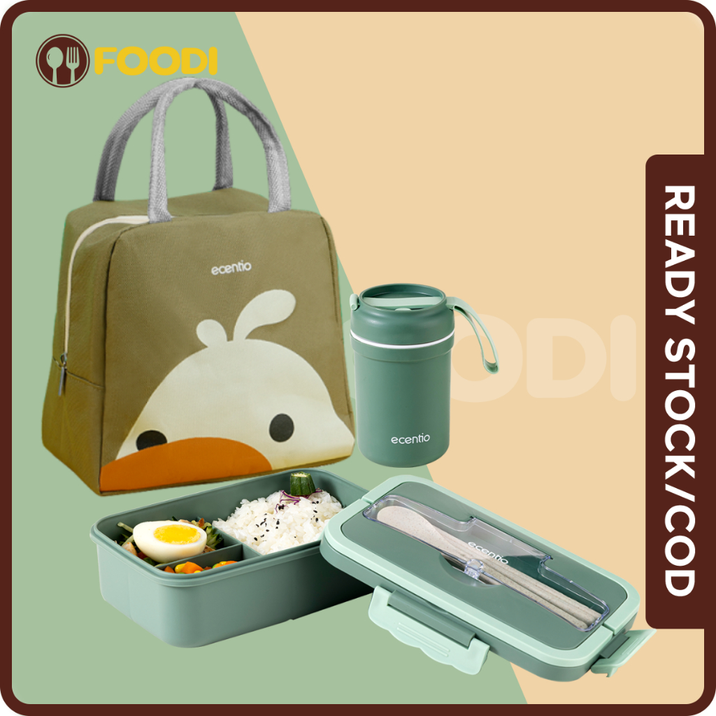 ecentio &amp; FOODI tempat makan set 1000ml dan tas bekal makanan tumbler minum 330ml 3pcs/merah/biru/lunch box set 3 Sekat/botol minum 330ml/tas alumunium foil lunch bag/Free Sendok/BPA free