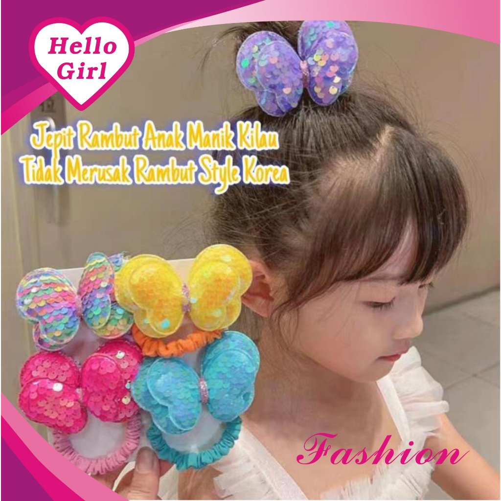 (Hello Girl)F242 Jepit Dan Ikat Rambut Anak Pita Kupu Manik Manik Kilau Gaya Korea Import