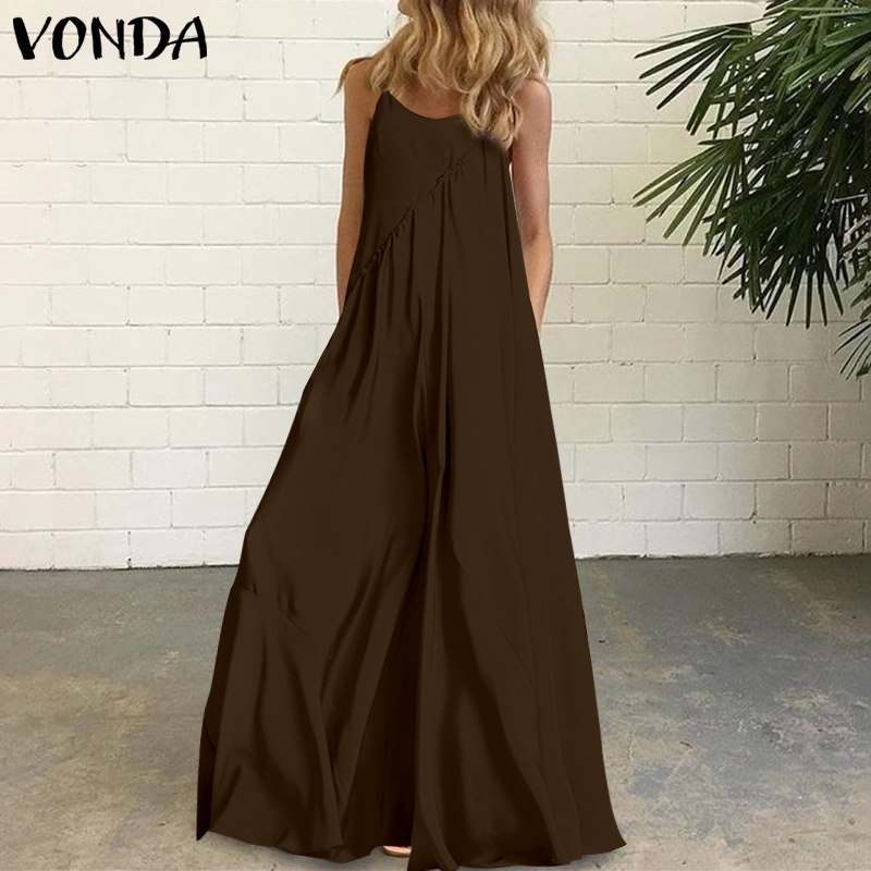 Women Loose Sleeveless Strap Vintage Maxi Dress