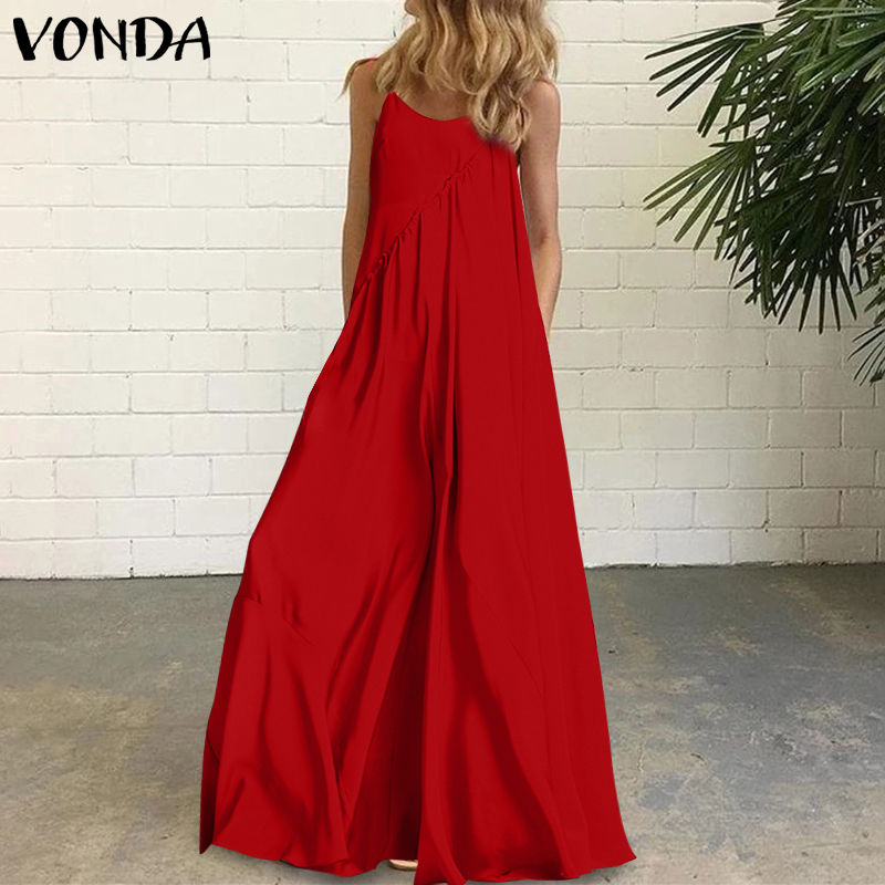 Women Loose Sleeveless Strap Vintage Maxi Dress