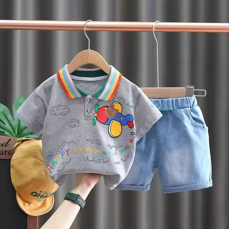 PROMO-SETELAN ANAK LAKI LAKI UMUR 1-5 TAHUN SETELAN ANAK BAJU KERAH MOTIF PESAWAT CELANA PENDEK BAHAN DENIM BAJU ANAK PAKAIAN ANAK TERBARU