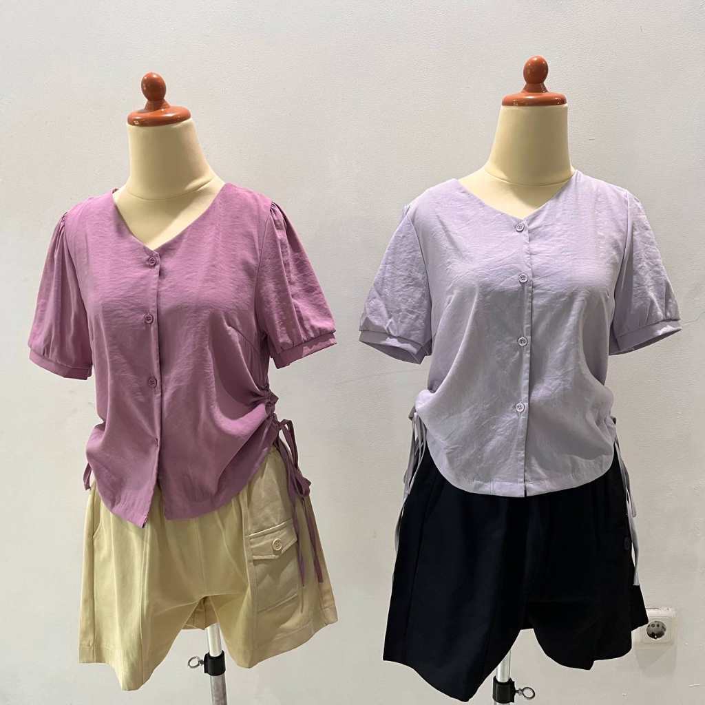 A18 Silky Shirt Top Blouse Kemeja Atasan Wanita Serut Vintage Premium Import Korea