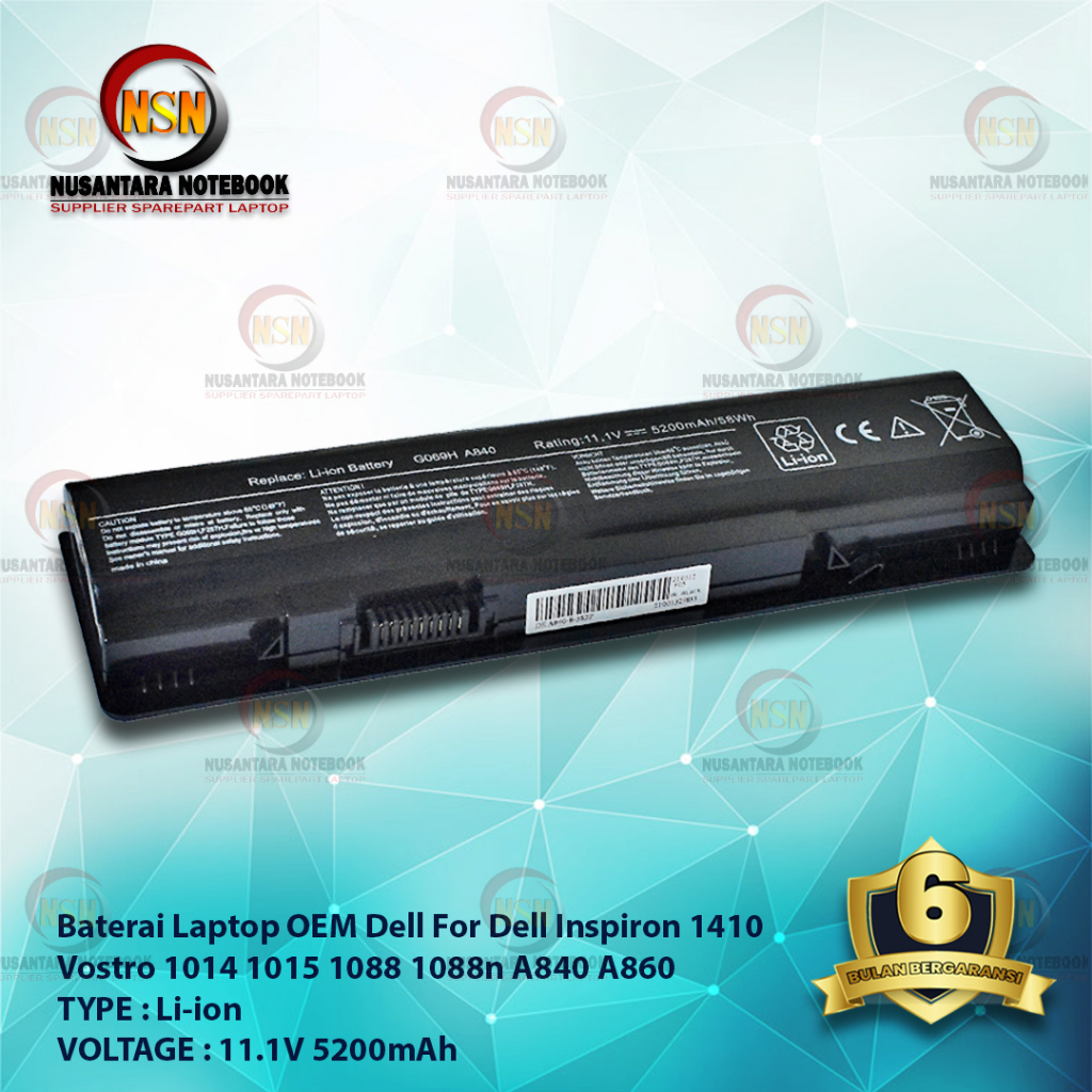 Baterai OEM Dell 1410 1014 1015 1088 A840 A860 Black 11.1V 5200mAh