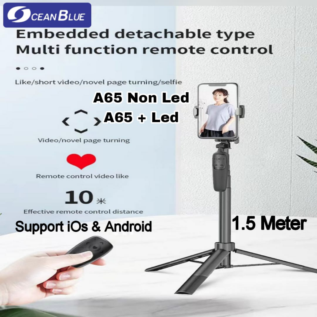 Ocean Blue OCN A65 Tripod Tongsis Hp Remote Bluetooth Selfie Stick LED Shutter Gimbal Stabilizer 2IN1