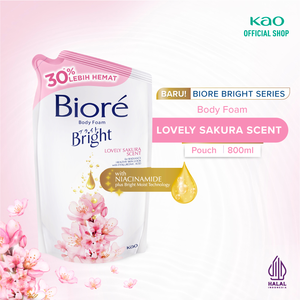 Biore Bright Sabun Mandi Cair Pencerah Kulit Lovely Sakura Hyaluronic Acid Refill 800 ml - Sabun Cai
