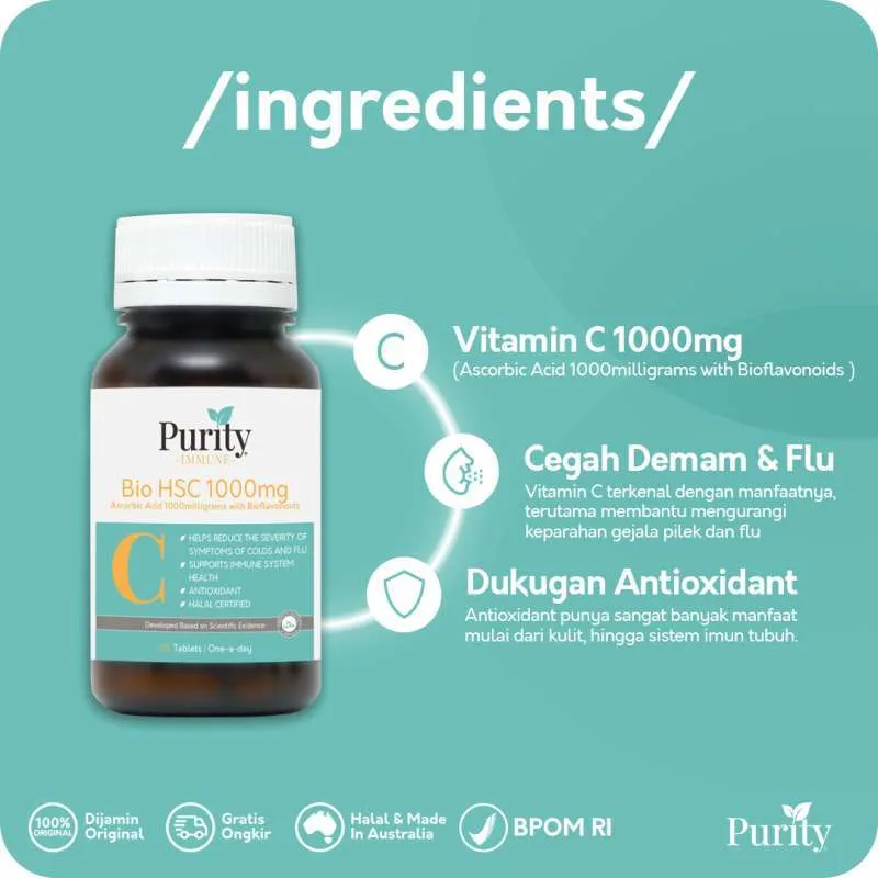 [BPOM] Purity Vitamin Immune Bio HSC 1000mg 60 Tablet / Vitamin C with Bioflavonoids / Multivitamin / MYMOM