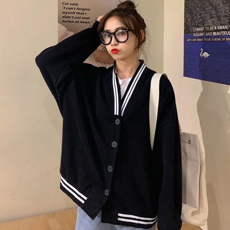 Cardie V-Neck Casual Kardigan Polos Lucu Fleece Outer Wanita Korean Style