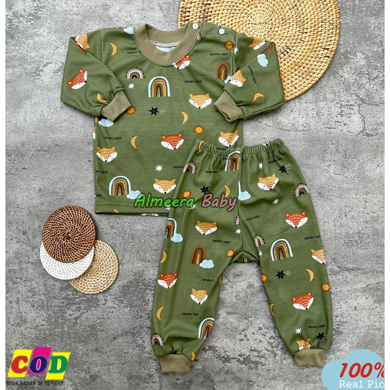 Setelan Baju Bayi Piyama Bayi Lengan Panjang Kancing Pundak Motif Printing Pelangi Usia 3-12 Bulan Almeera Baby and Kids