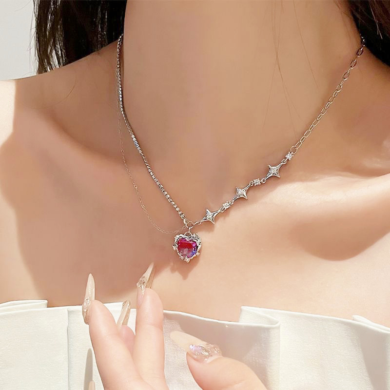 Y2k Manis Merah Muda Zirkon Liontin Kalung Untuk Wanita Hati Perak Rantai Kalung Aksesoris Choker Perhiasan-Won