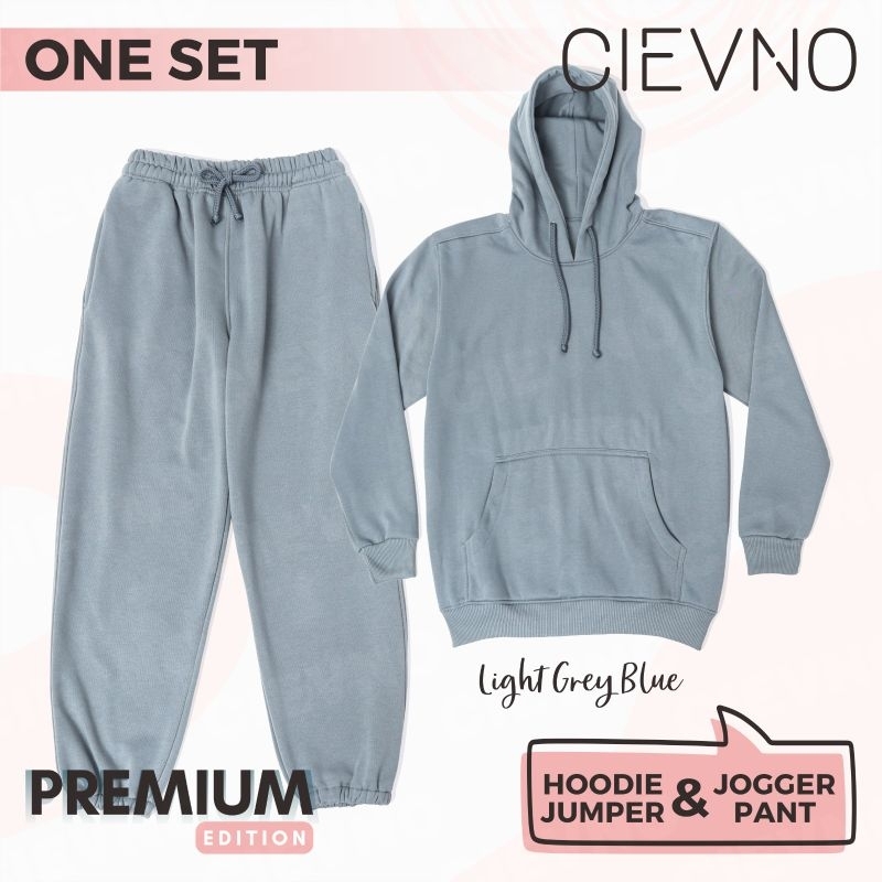 ONE SET HOODIE JUMPER + CELANA JOGGER PREMIUM Light Grey Blue (PRIA&amp;WANITA)